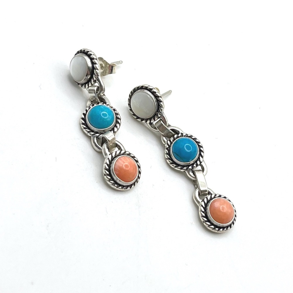 Q.T. 925‎ Sterling Silver Multi Stone Dangle Earrings Turquoise Coral MOP